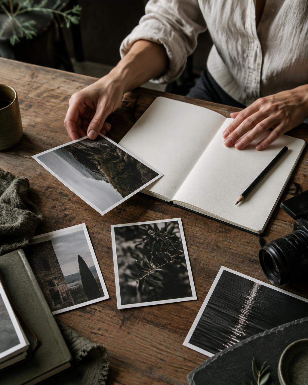 Bastidor criativo: mãos organizando fotografias e um caderno de ideias