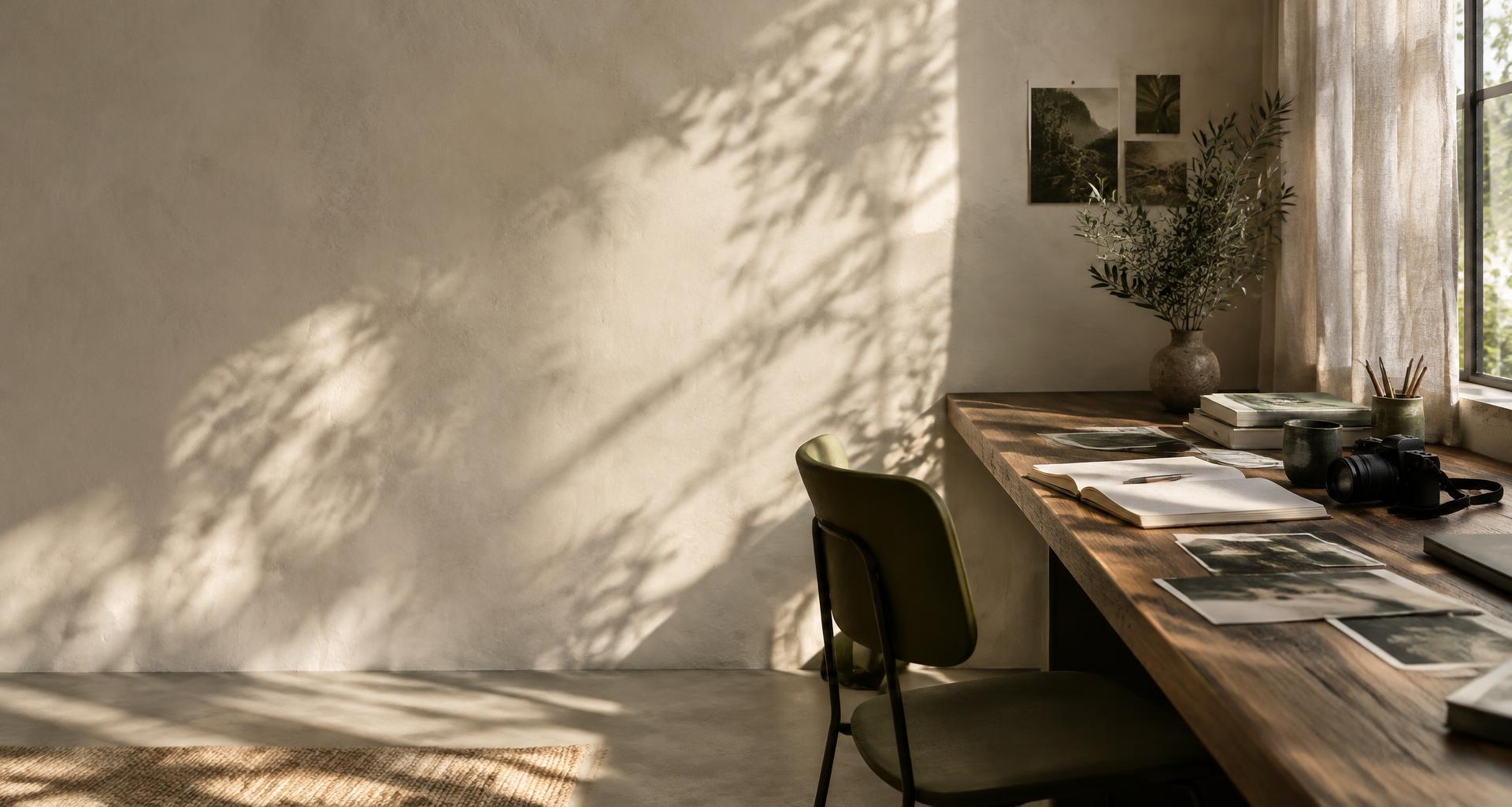 Espaço de criação com caderno aberto, câmera e luz natural